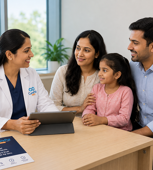 A doctor explaining healthcare financing options to a family